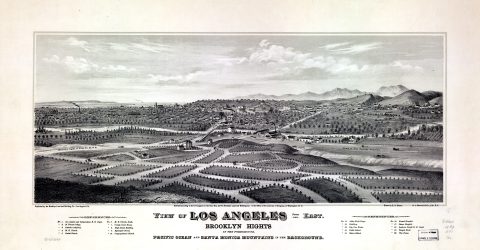 View of Los Angeles from the east. Brooklyn Hights in the foreground; Pacific Ocean and Santa Monica Mountains in the background. (pm000250)