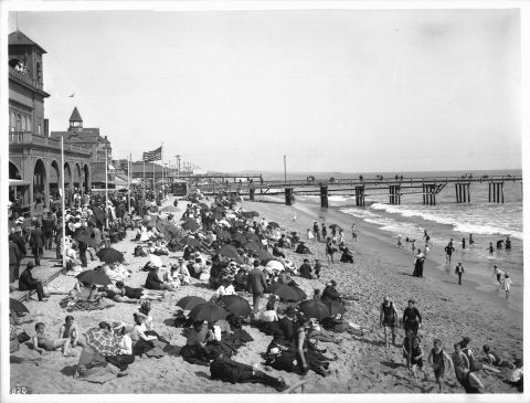 Crowds of people on Santa Monica Beach, ca.1900 (CHS-820)